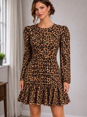 Bardot Leopard Print Long-Sleeve Ruffle Hem Dress - Brown/Black